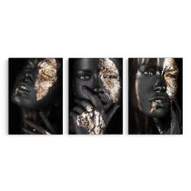 Trio Quadro Decorativo 40x60 Para Sala Escritório Hall Mulher Negra Maquiagem Dourada