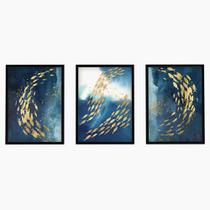 Trio Quadro Decorativo Abstrato Dourado Azul Moldura Vidro Sala Quarto Escritório Recepção