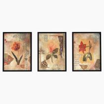 Trio Quadro Decorativo Floral Com Moldura e Vidro Para Sala Quarto Cozinha Flores - Líder Molduras