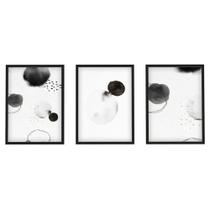 Trio Quadro Para Sala Abstrato Moderno Moldura e Vidro Preto e Branco Minimalista