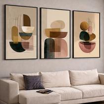 Trio Quadros com Moldura Abstrato Linhas Bege Kit 3 Quadros para Sala, Quarto ou Escritório