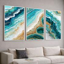 Trio Quadros com Moldura Azul Marmore Mar Kit 3 Quadros para Sala, Quarto ou Escritório Trio Quadros com Moldura Azul Marmore Mar Kit 3 Quadros para Sala, Quarto ou Escritório