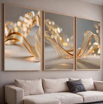 Trio Quadros com Moldura e Acrilico Cristal Vidro Abstrato Luxo Dourado Kit 3 Quadros para Sala, Quarto ou Escritório