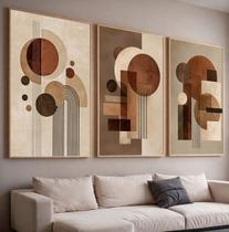 Trio Quadros com Moldura e Acrilico Cristal Vidro Abstrato Marrom Curvas Kit 3 Quadros para Sala, Quarto ou Escritório
