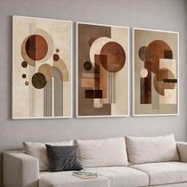 Trio Quadros com Moldura e Acrilico Cristal Vidro Abstrato Marrom Curvas Kit 3 Quadros para Sala, Quarto ou Escritório