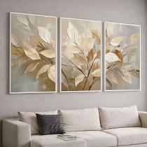 Trio Quadros com Moldura e Acrilico Cristal Vidro Arvore Bege Areia Folhas Kit 3 Quadros para Sala, Quarto ou Escritório