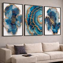 Trio Quadros com Moldura e Acrilico Cristal Vidro Cristal Azul Dourado Kit 3 Quadros para Sala, Quarto ou Escritório Trio Quadros com Moldura e Acrilico Cristal Vidro Cristal Azul Dourado Kit 3 Quadros para Sala, Quarto ou Escritório