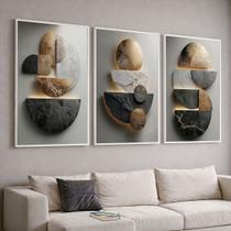 Trio Quadros com Moldura e Acrilico Cristal Vidro Dourado 3D Abstrato Kit 3 Quadros para Sala, Quarto ou Escritório