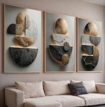 Trio Quadros com Moldura e Acrilico Cristal Vidro Dourado 3D Abstrato Kit 3 Quadros para Sala, Quarto ou Escritório