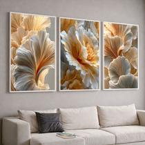 Trio Quadros com Moldura e Acrilico Cristal Vidro Floral Abstrato Gold Kit 3 Quadros para Sala, Quarto ou Escritório