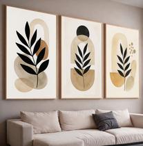 Trio Quadros com Moldura e Acrilico Cristal Vidro Folhas Curvas Kit 3 Quadros para Sala, Quarto ou Escritório