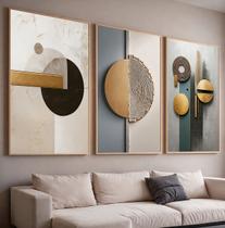 Trio Quadros com Moldura e Acrilico Cristal Vidro Geometrico 3D Abstrato Kit 3 Quadros para Sala, Quarto ou Escritório
