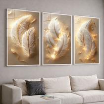 Trio Quadros com Moldura e Acrilico Cristal Vidro Penas Dourada Kit 3 Quadros para Sala, Quarto ou Escritório Trio Quadros com Moldura e Acrilico Cristal Vidro Penas Dourada Kit 3 Quadros para Sala, Quarto ou Escritório