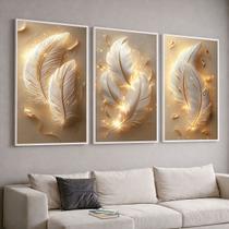 Trio Quadros com Moldura e Acrilico Cristal Vidro Penas Dourada Kit 3 Quadros para Sala, Quarto ou Escritório Trio Quadros com Moldura e Acrilico Cristal Vidro Penas Dourada Kit 3 Quadros para Sala, Quarto ou Escritório