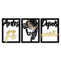 Trio Quadros Cristo Antes Fé Depois Gratidão com Detalhes em Acrílico Dourado Trio Quadros Cristo Antes Fé Depois Gratidão com Detalhes em Acrílico Dourado