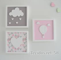 Trio Quadros D178 Enfeite Parede Coração Balão Chuva Amor Nuvem Infantil Baby Quarto - 3 unid