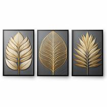 Trio Quadros Decorativos 40x60 Moldura Para Sala Quarto Escritório Folhas Douradas Arte Luxo
