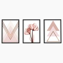 Trio Quadros Decorativos Com Moldura e Vidro Geométrico Flor Sala Quarto - Líder Molduras