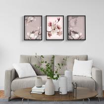 Trio Quadros Decorativos Flores Moldura e Vidro Para Quarto Sala Floral - Líder Molduras