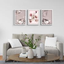 Trio Quadros Decorativos Flores Moldura e Vidro Para Quarto Sala Floral - Líder Molduras