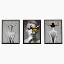 Trio Quadros Decorativos Grande Mulheres Maquiagem Dourada Moldura Vidro Salão de Beleza