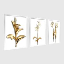 Trio Quadros Decorativos Para Sala Modernos Moldura 40X60 Flores Floral Dourado Quarto