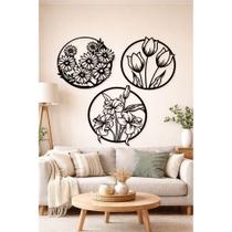 Trio Quadros Decorativos Redondo Flores Vazado Mdf Preto