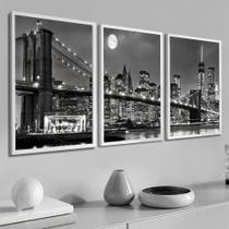 Trio Quadros Decorativos Sala Quarto Moldura Ponte Brooklin Nova York - Líder Molduras