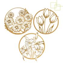 Trio Quadros Decorativos Vazados em MDF 3mm Redondo Tema Flores 30 cm cada Trio Quadros Decorativos Vazados em MDF 3mm Redondo Tema Flores 30 cm cada