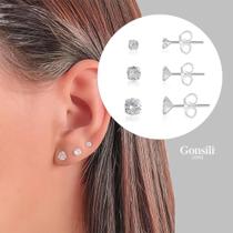 Trio Redondo Brinco Feminino Pedras Zircônia 3/4/5mm Em Prata 925 Legítima Trio Redondo Brinco Feminino Pedras Zircônia 3/4/5mm Em Prata 925 Legítima