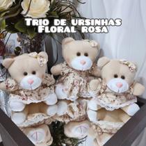 Trio Ursinhos De Pelúcia Para Nicho Decoração Bebê Quarto Festa Ursa Princesa e Floral