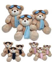 trio urso caramelo aviador cor azul ideal para decoração de nicho e cha de bebe