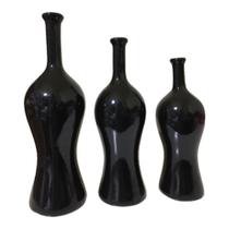 Trio vaso garrafa decorativo em cerâmica preto brilho G 33x11cm M30x10cm P26x9cm