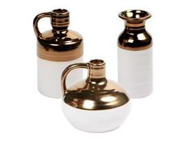 Trio Vasos Cerâmica Branco e Dourado