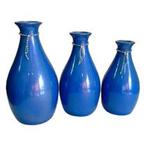 Trio Vasos Garrafas Belly Em Cerâmica De Sala Azul Royal