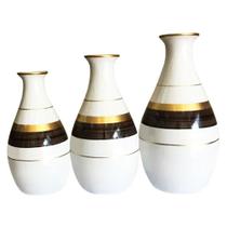 Trio Vasos Garrafas Belly Em Cerâmica De Sala White Gold - Retrofenna Decor