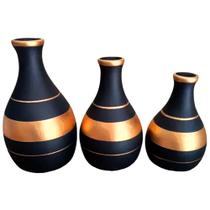 Trio Vasos Garrafas Em Cerâmica Fosca De Sala Black Golden