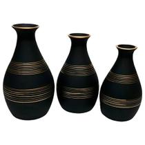 Trio Vasos Garrafas em Cerâmica Fosca de Sala Decor - Black Gold