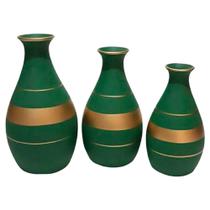 Trio Vasos Garrafas Em Cerâmica Fosca De Sala Green Golden