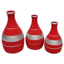 Trio Vasos Garrafas Em Cerâmica Fosca De Sala Red Silver - Retrofenna Decor