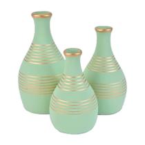 Trio Vasos Garrafas Em Cerâmica Fosca Sala Decor - Mint Gold