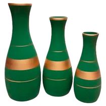 Trio Vasos Garrafas Grandes em Cerâmica Fosca Decorativa - Green Gold