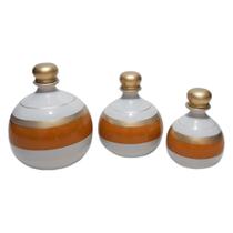 Trio Vasos Shalom Em Cerâmica Sala Decorativos - Gold White