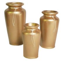 Trio Vasos Urnas Gregas em Cerâmica Decor de Sala - Gold