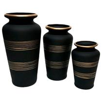 Trio Vasos Urnas Gregas em Cerâmica Fosca Decor - Black Gold