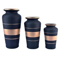 Trio Vasos Urnas Gregas em Cerâmica Fosca Decor - Black Golden