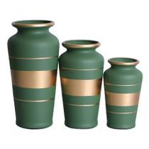 Trio Vasos Urnas Gregas em Cerâmica Fosca Decor - Verde Golden