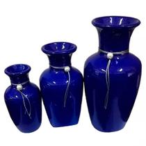 Trio Vasos Urnas Jad Em Cerâmica De Aparador Azul Royal - Retrofenna Decor