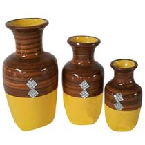 Trio Vasos Urnas Jad em Cerâmica Decorativas de Sala - Amarelo e Marrom