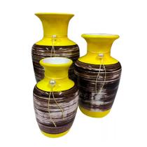 Trio Vasos Urnas Jad em Cerâmica Decorativas de Sala - Amarelo Trio Vasos Urnas Jad em Cerâmica Decorativas de Sala - Amarelo